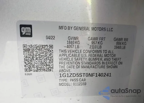 2022 Chevrolet Malibu Fwd Lt из США, поврежденный, VIN 1G1ZD5ST0NF140241